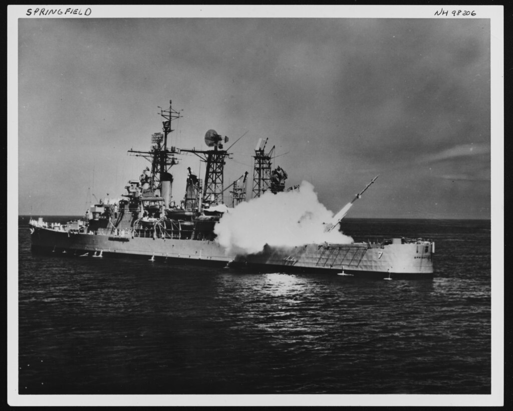 MEDITERRANEAN SEA — USS Springfield (CLG 7) fires a Terrier guided missile on the Ceres Missile Range, 6 June 1961. (PH1 D.C. Grant/Official U.S. Navy Photograph, from the Collections of the Naval History and Heritage Command)