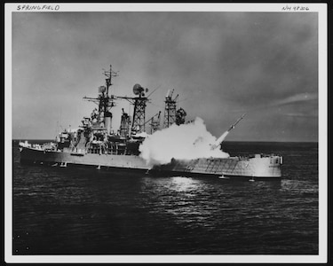 MEDITERRANEAN SEA — USS Springfield (CLG 7) fires a Terrier guided missile on the Ceres Missile Range, 6 June 1961. (PH1 D.C. Grant/Official U.S. Navy Photograph, from the Collections of the Naval History and Heritage Command)