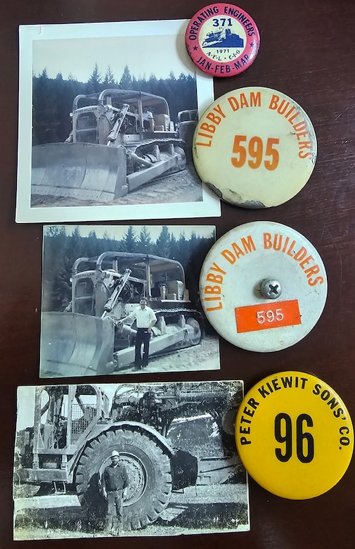 Photos highlighting Libby Dam’s construction era and ID buttons collected by Papa Whitmarsh, maternal grandfather to Tana Wilson, natural resource manager at Libby Dam. The Army Corps began construction of Libby Dam in 1966 and completed the structure in 1972. The operating project is a straight-axis, concrete, gravity structure solidly anchored in bedrock. It was constructed with 7.6 million tons of concrete and holds back the water of the Kootenai River with its own massive weight. (Photo courtesy Tana Wilson)