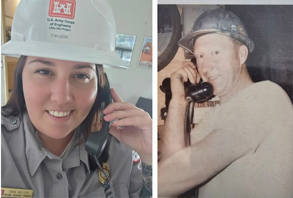 Side-by-side photos of Libby Dam Natural Resource Manager Tana Wilson and her paternal grandfather Donald “Whitey” Wilson, who joined the Operating Engineers Union in 1967 at 29 years old, and was hired by Morrison-Knudsen as a batch plant operator during the construction of Libby Dam. The dam was constructed in response to annual spring floods that cascaded down from the Rocky Mountains which caused fatalities and destruction to communities in the U.S. and Canada located along the length of the Kootenai and Columbia River watersheds.  (Photo courtesy Tana Wilson)