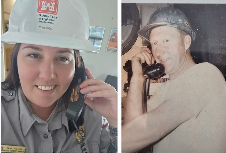 Side-by-side photos of Libby Dam Natural Resource Manager Tana Wilson and her paternal grandfather Donald “Whitey” Wilson, who joined the Operating Engineers Union in 1967 at 29 years old, and was hired by Morrison-Knudsen as a batch plant operator during the construction of Libby Dam. The dam was constructed in response to annual spring floods that cascaded down from the Rocky Mountains which caused fatalities and destruction to communities in the U.S. and Canada located along the length of the Kootenai and Columbia River watersheds.  (Photo courtesy Tana Wilson)
