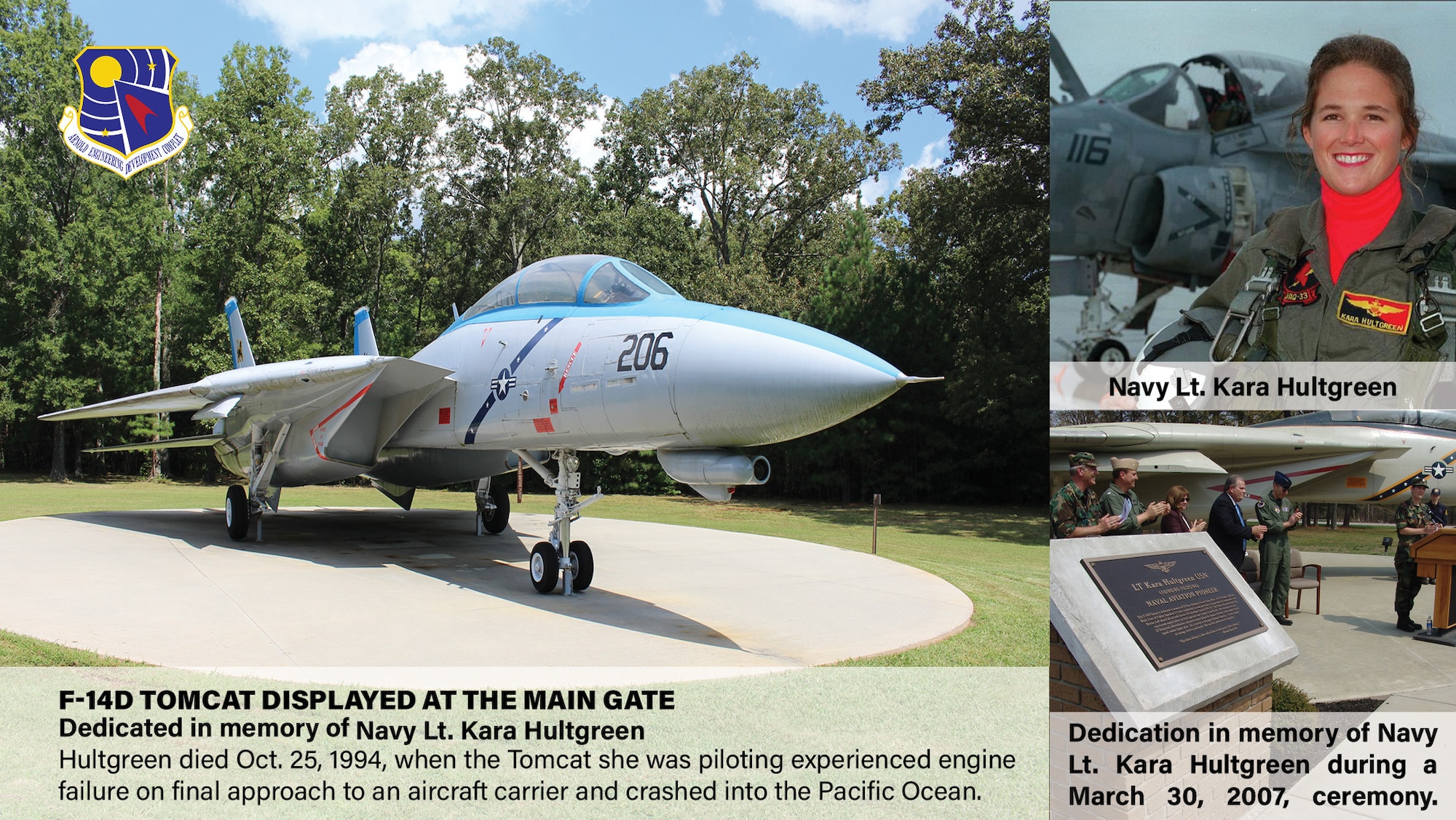 The static F-14 Tomcat on display outside the Main Gate and Arnold Air Force Base, Tenn., is dedicated to Navy Lt. Kara Hultgreen. She was killed Oct. 25, 1994, when the Tomcat she was piloting experienced engine failure on final approach to an aircraft carrier and crashed into the Pacific Ocean. The display was dedicated in memory of Hultgreen during a March 30, 2007, ceremony. (U.S. Air Force graphic by Brooke Brumley)