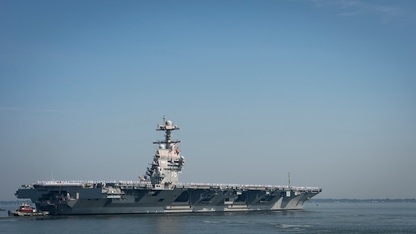 The world's largest aircraft carrier, USS Gerald R. Ford (CVN 78), departs Naval Station Norfolk, June 24, for a regularly scheduled deployment.
