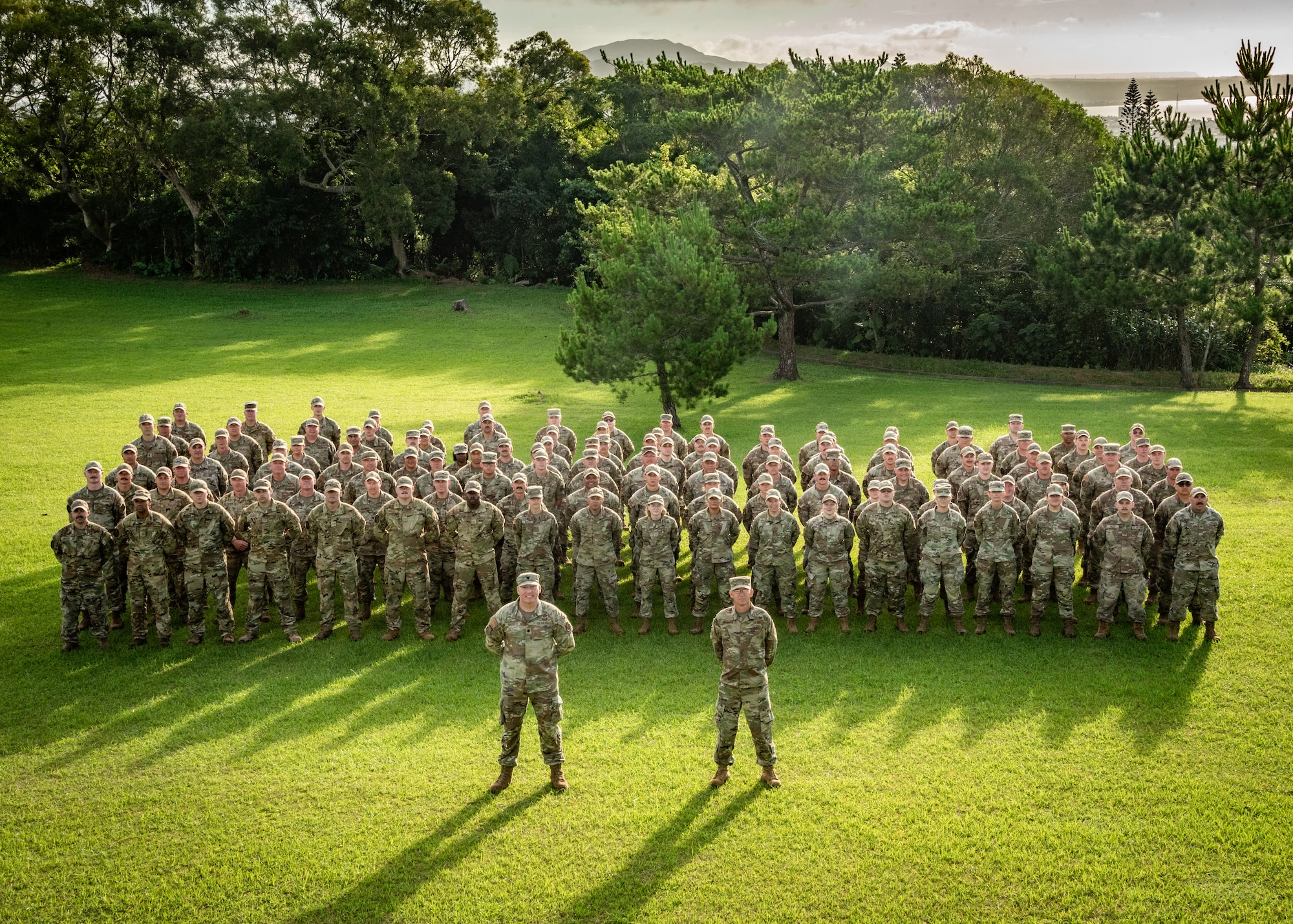 U.S. Air National Guard Airmen assigned to the 134th Mission Support Group pose for a group photo during a temporary duty assignment to Okinawa, Japan, June 17, 2025. The deployment brought together 120 Airmen for joint training and real-world mission support operations across Kadena Air Base, Marine Corps Air Station Futenma, and other locations, strengthening total force readiness in support of U.S. Indo-Pacific Command objectives. (U.S. Air National Guard photo by Staff Sgt. Jesse Hanson)