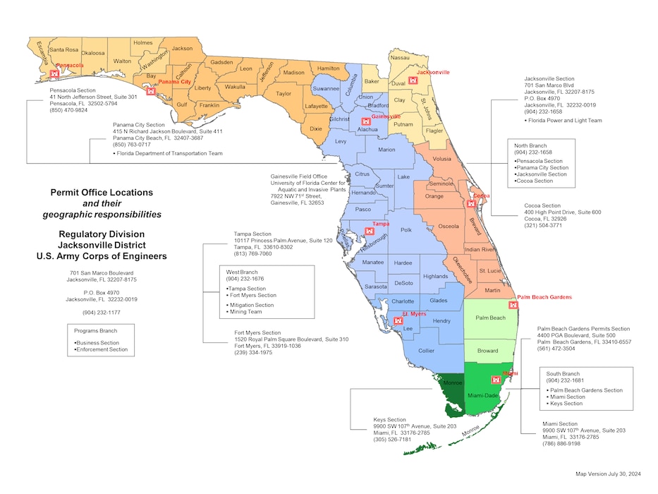 Map of Florida showing Jacksonville District's Regulatory office locations.