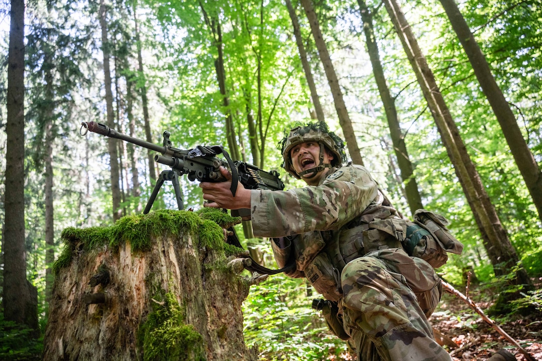 A soldier in tactical gear aims a weapon on a tree stump in a forest.