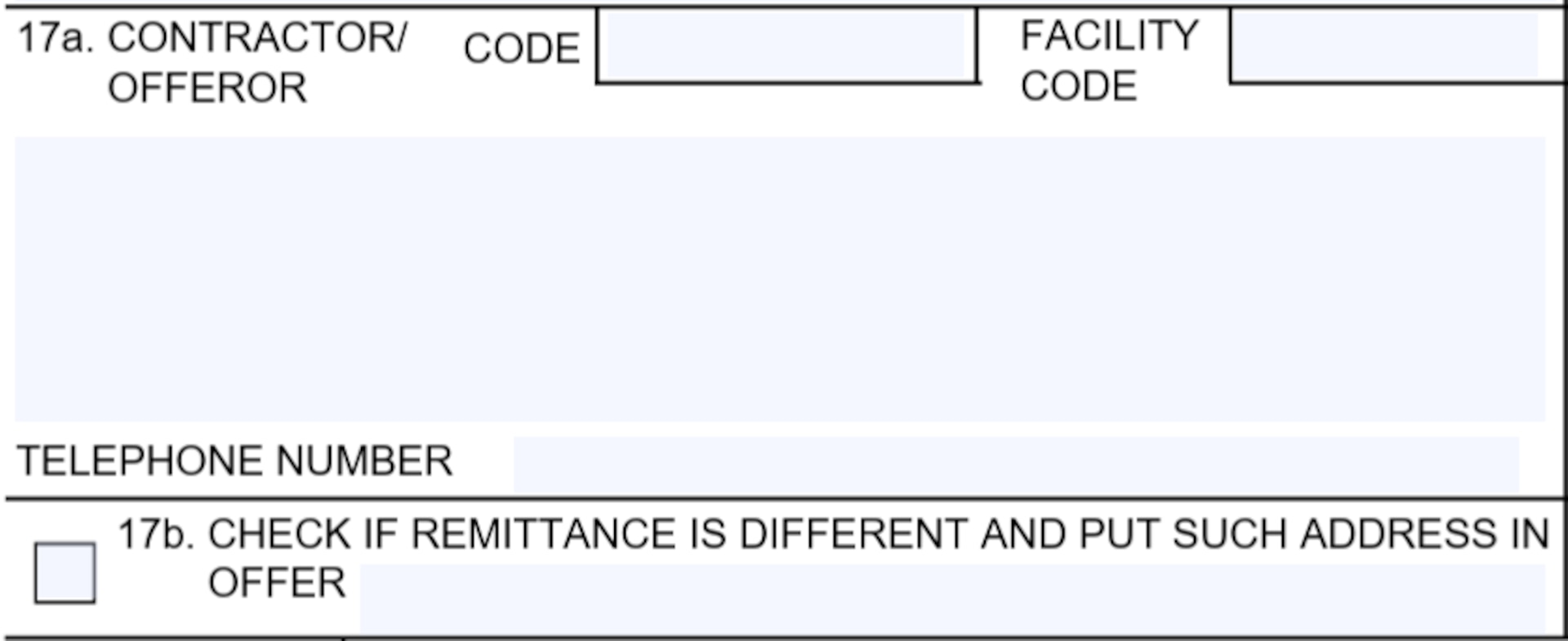 SF1449 Box 17a - Contractor/Offeror and Box 17b - Check If Remittance Is Different And Put Such Address In Offer