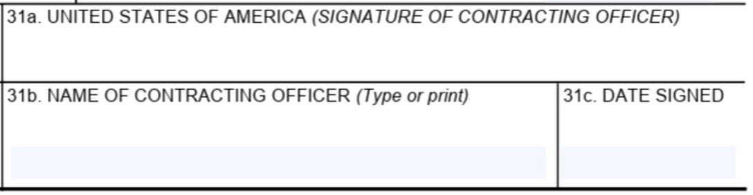 SF1449 Box 31a - United States of America, Box 31b - Name of Contracting Officer, and Box 31c - Date Signed