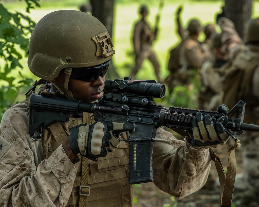 U.S. Marine Corps Lance Cpl. Hassan Ahmed, a rifleman with Alpha Company, 1st Platoon, Marine Barracks Washington, conducts a patrol during squad attacks at Marine Corps Base Quantico, Virginia, June 11, 2025. The training hones patrolling techniques and tactical movement in a simulated combat environment. (U.S. Marine Corps photo by Pfc. Brianna Davidson)
