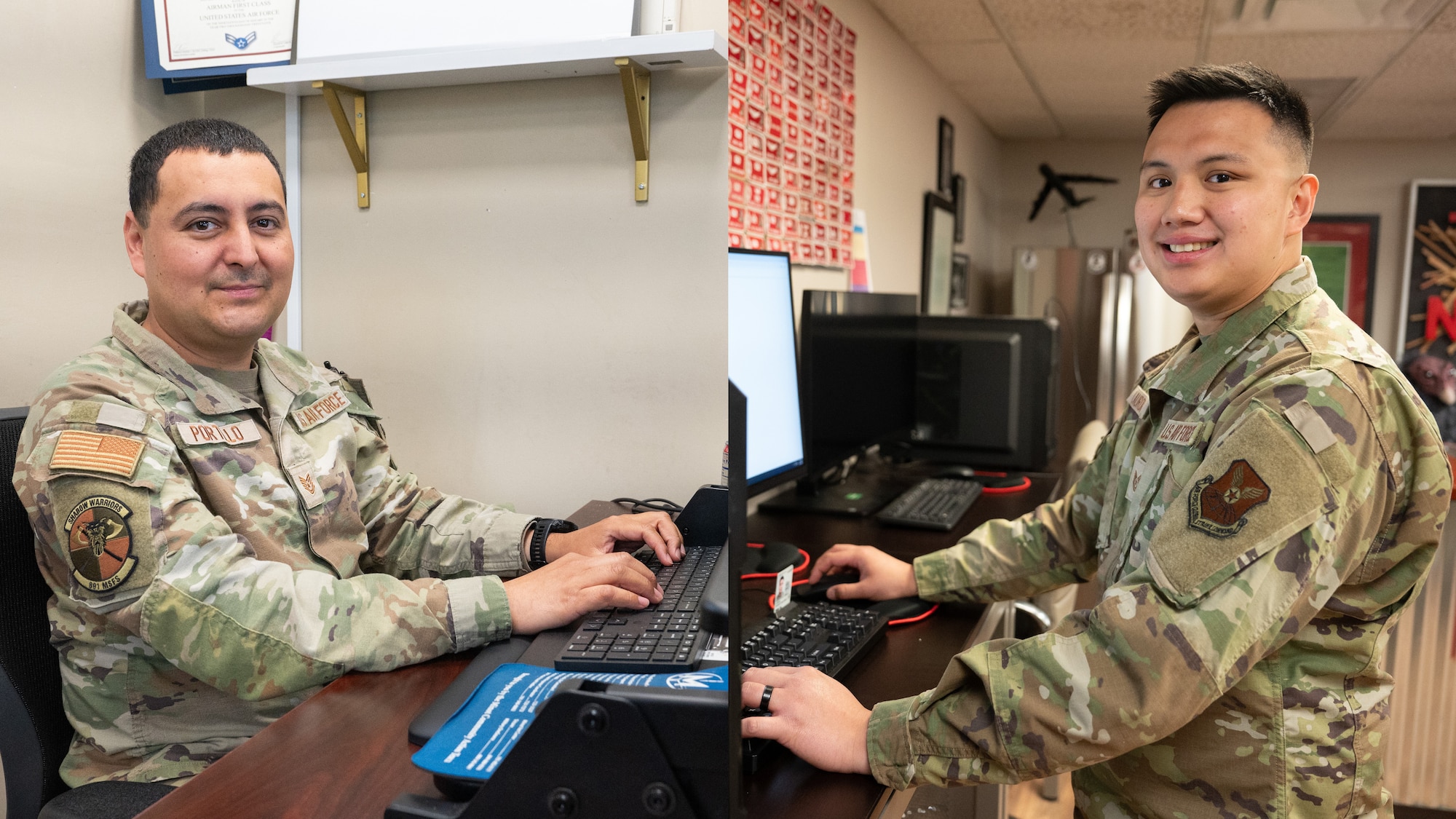A photo graphic of two Airmen posing for a photo at their computers.
