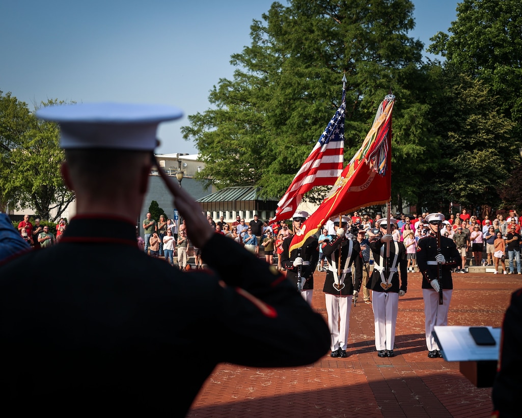 U.S. Marine Corps Lance Cpl. Culver Switzer, a rifleman with the United States Marine Corps Silent Drill Platoon, Marine Barracks Washington, salutes the colors presented by the official U.S. Marine Corps Color Guard during a 250th Marine Corps birthday ceremony at City Hall in Murfreesboro, near Nashville, Tenn., June 4, 2025. The Silent Drill Platoon is in town for Marine Week Nashville 2025, showcasing precision drill and ceremonial excellence. Their participation reflects the Marine Corps’ ongoing efforts to connect with the American public, build pride, and commemorate 250 years of faithful service. Marine Barracks Washington continues to uphold the traditions of the Corps by representing its legacy across the nation. (U.S. Marine Corps photo by Lance Cpl. Brynn L. Bouchard)
