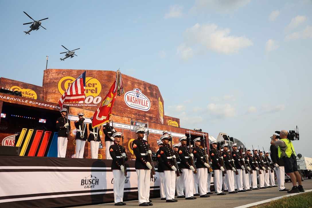 U.S. Marines with the U.S. Marine Corps Silent Drill Platoon and U.S. Marine Corps Color Guard, Marine Barracks Washington, participate in the Cracker Barrel 400 at Nashville Superspeedway in Nashville, Tennessee, June 1, 2025. Founded on November 10, 1775, the United States Marine Corps has served our nation honorably in every clime and place for 250 years. Throughout 2025, Marines across the globe will celebrate the 250th birthday of the Corps, commemorating service, sacrifice, and priding themselves on living "Semper Fidelis" or "Always Faithful" to their nation and to each other. (U.S. Marine Corps photo by Lance Cpl. Brynn L. Bouchard)