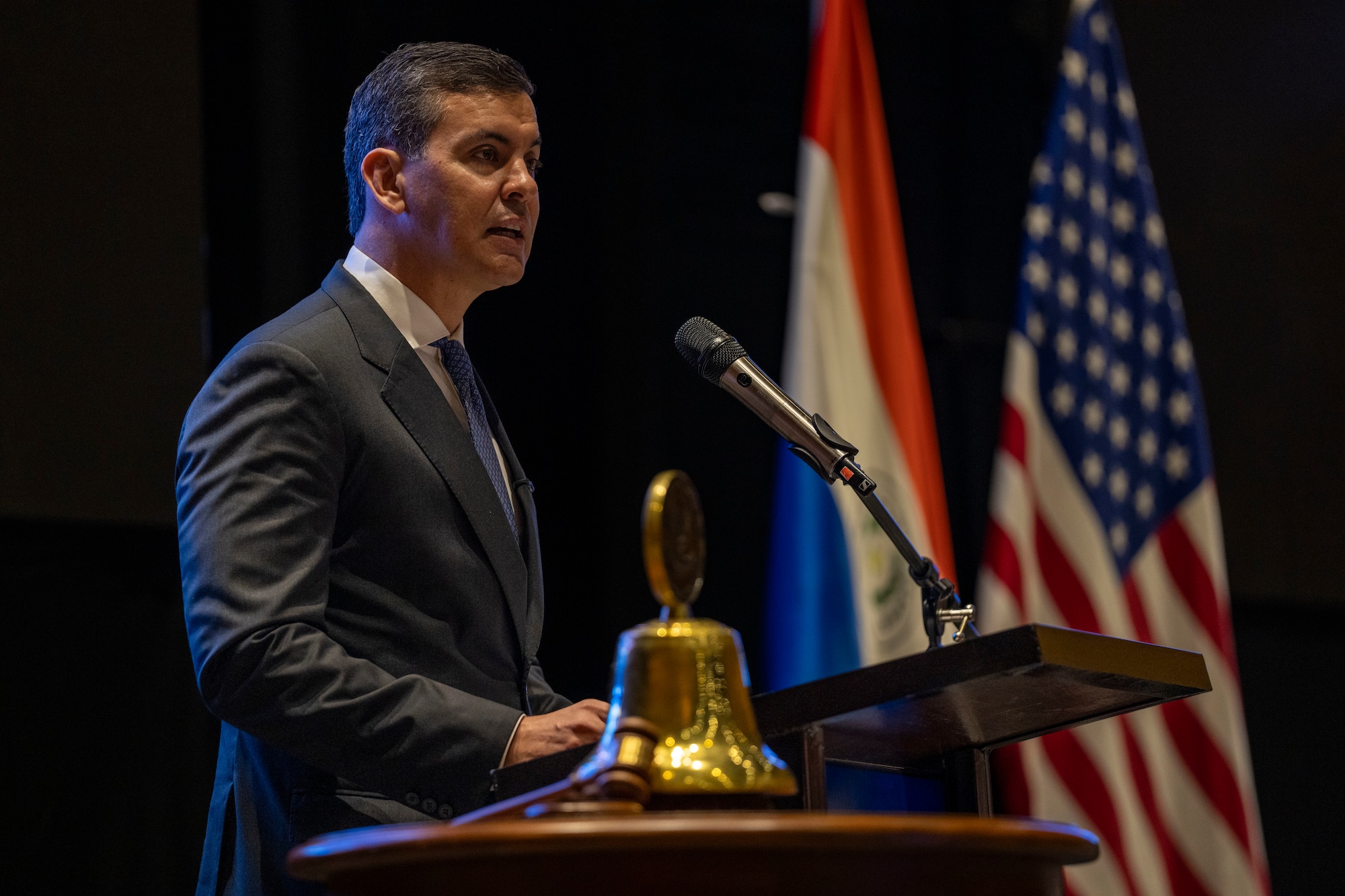 Santiago Peña, President of the Republic of Paraguay, provides remarks during the 65th Conference of the American Air Chiefs (CONJEFAMER) meeting in Asuncion, Paraguay, June 18, 2025. During his remarks, President Peña emphasized the importance of unity and collaboration among partner nations to ensure regional stability and address shared security challenges. (U.S. Air Force photo by Andrea Jenkins)