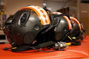 F-35 Lightning II helmets lay on the counter in the Aircrew Flight Equipment office during Red Flag-Alaska 25-2 at Eielson Air Force Base, Alaska, June 16, 2025.
