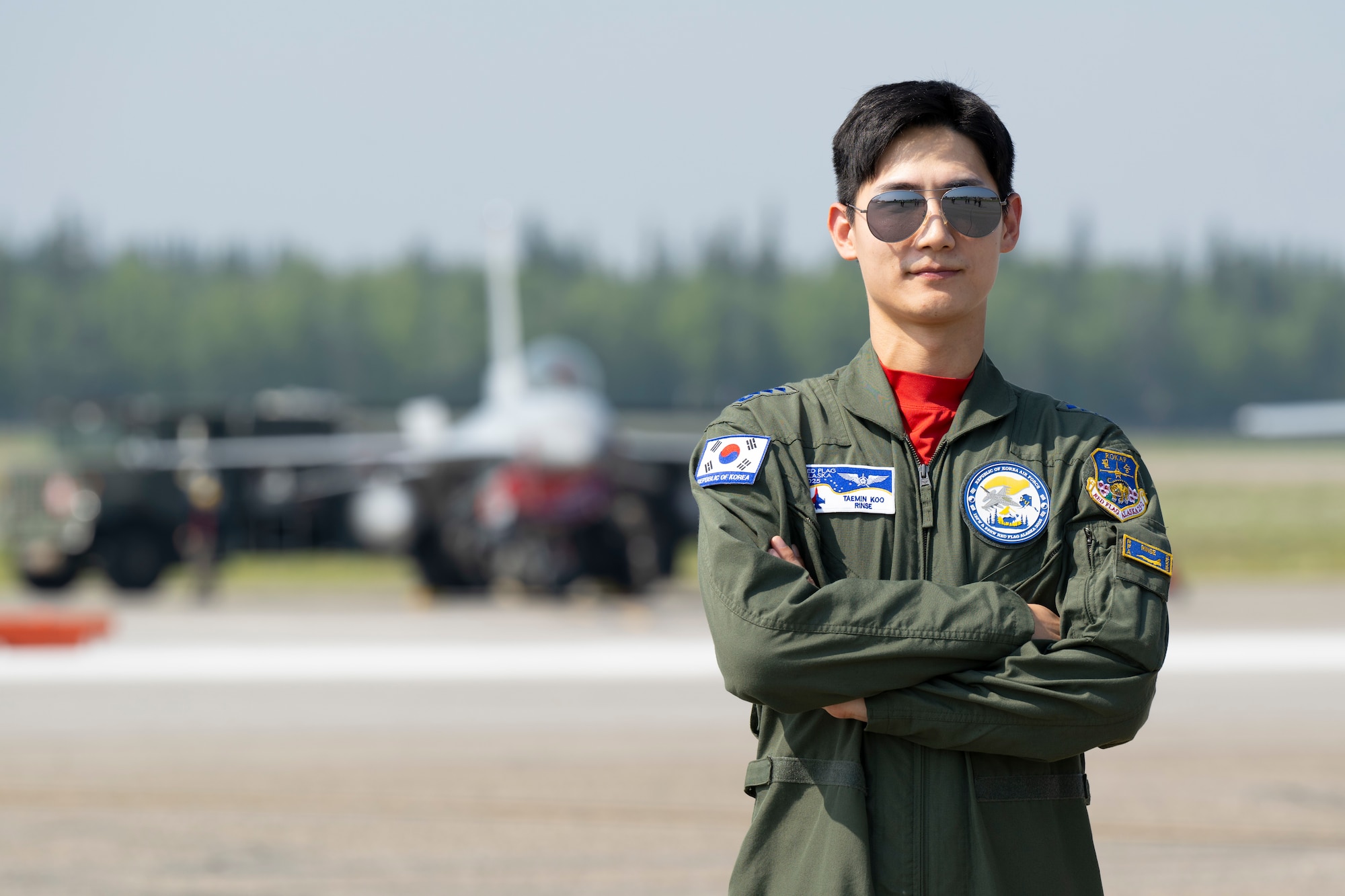 Republic of Korea Air Force Capt. Taemin Koo, F-16 pilot, poses for a photo during Red Flag-Alaska 25-2 at Eielson Air Force Base, Alaska, June 20, 2025.