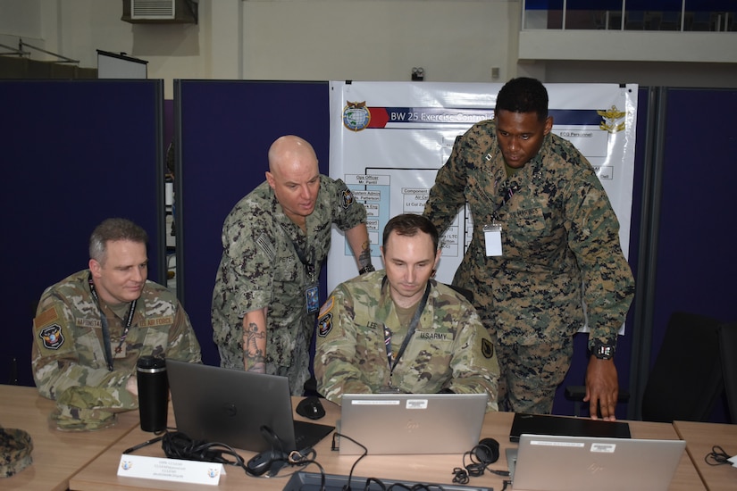 Members of the U.S. Air Force, Navy, Army, and Marine Corps conduct planning at the Joint Warfighting Center, Kuantan, Malaysia, June 23, 2025. Bersama Warrior is an annual, bilateral joint exercise sponsored by U.S. Indo-Pacific Command and hosted by the Malaysian Armed Forces. This year marks the 11th iteration of the exercise, and the first time MRF-D is participating, enhancing U.S. and Malaysian defense readiness and improving combined joint interoperability. MRF-D is an annual six-month rotational deployment to enhance interoperability with the Australian Defence Force and allies and partners and provide a forward postured crisis response force in the Indo-Pacific. (U.S. Marine Corps photo by 1st Lt. Samuel DeRobertis)