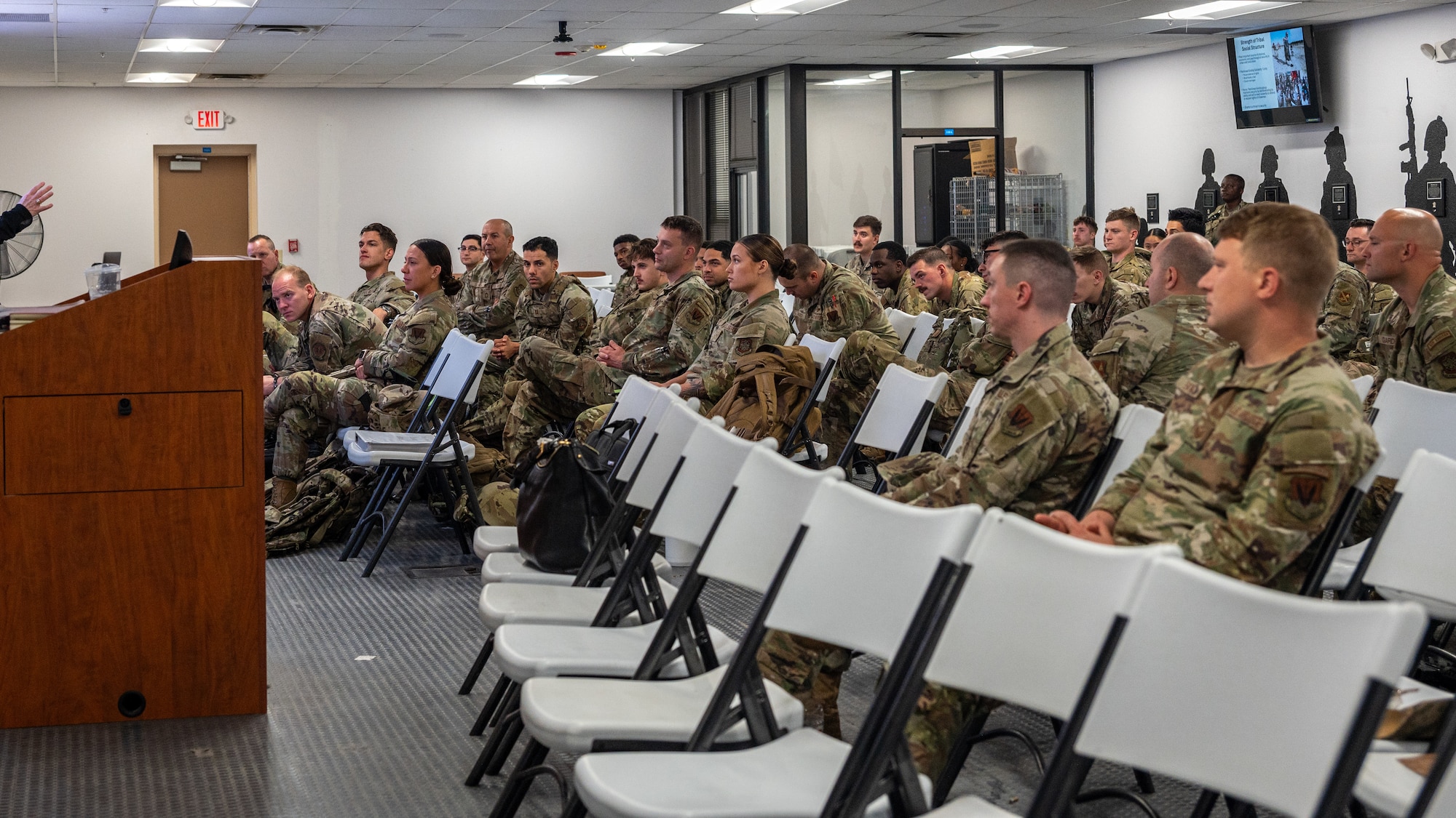 Airmen assigned to the 23d Air Task Force and 23d Combat Air Base Squadron receive a cultural briefing during an expeditionary skills exercise at Fort Bliss, Texas, June 8, 2025.
