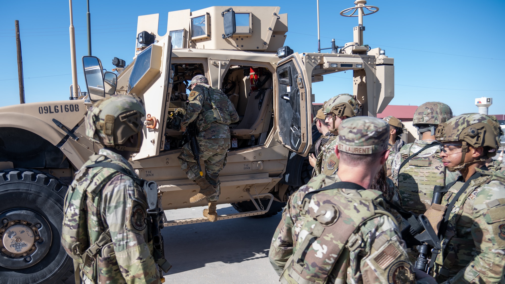 Airmen assigned to the 23d Combat Air Base Squadron receive vehicle training during an expeditionary skills exercise at Fort Bliss, Texas, June 8, 2025.