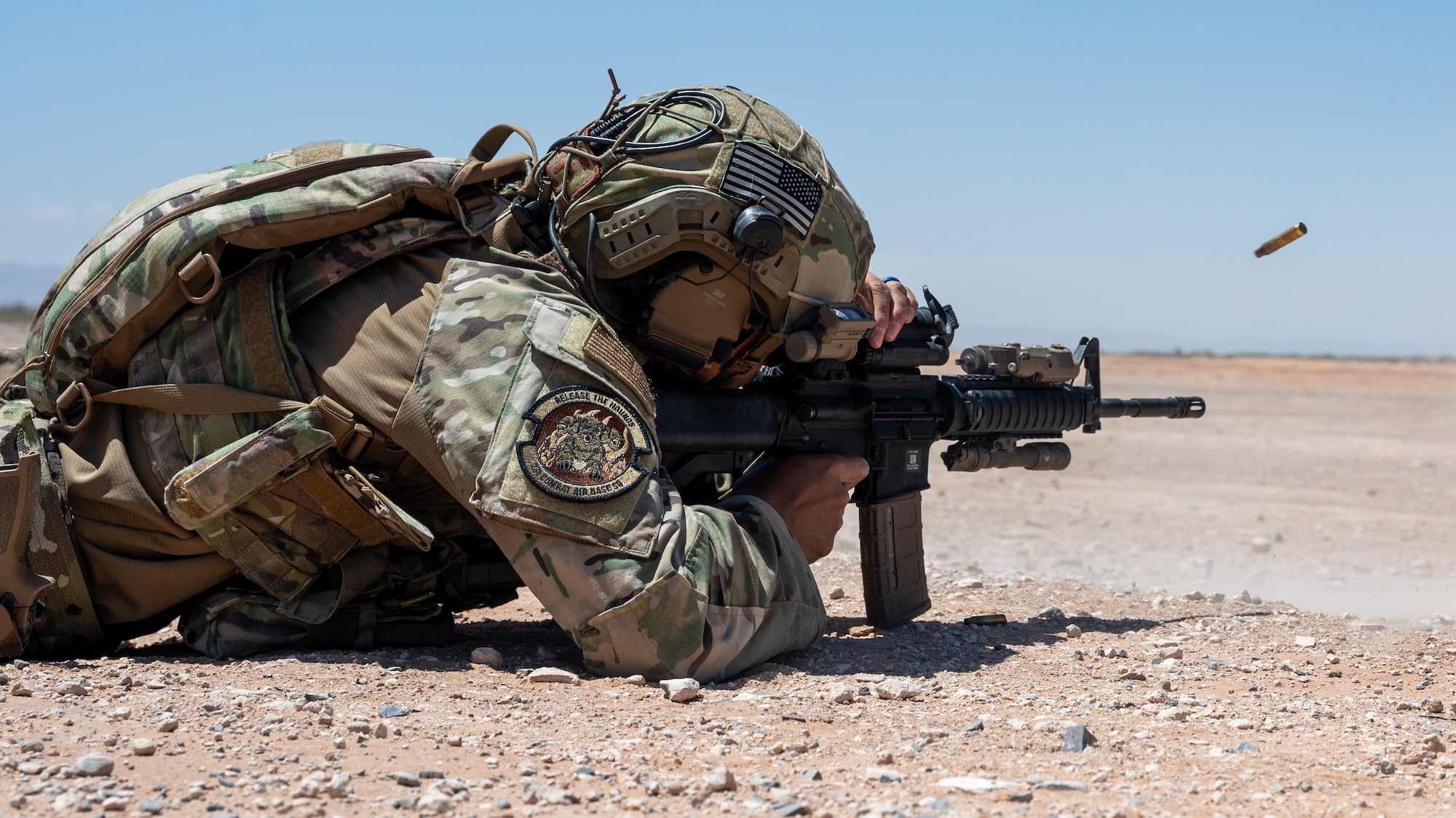 Airmen assigned to the 23d Air Task Force and 23d Combat Air Base Squadron receive live fire range training during an expeditionary skills exercise at Fort Bliss, Texas, June 9, 2025.