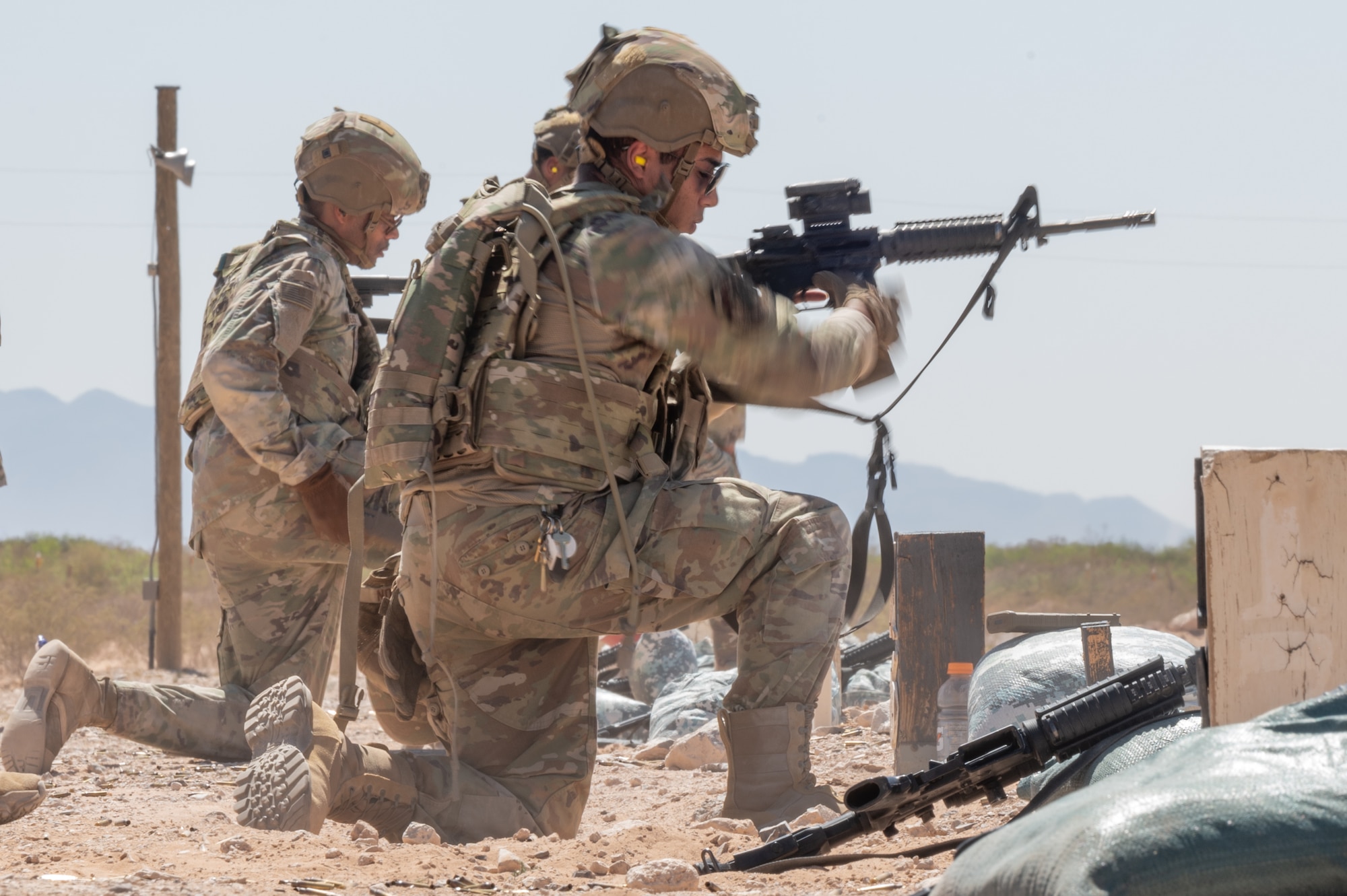 Airmen assigned to the 23d Air Task Force and 23d Combat Air Base Squadron receive live fire range training during an expeditionary skills exercise at Fort Bliss, Texas, June 9, 2025.