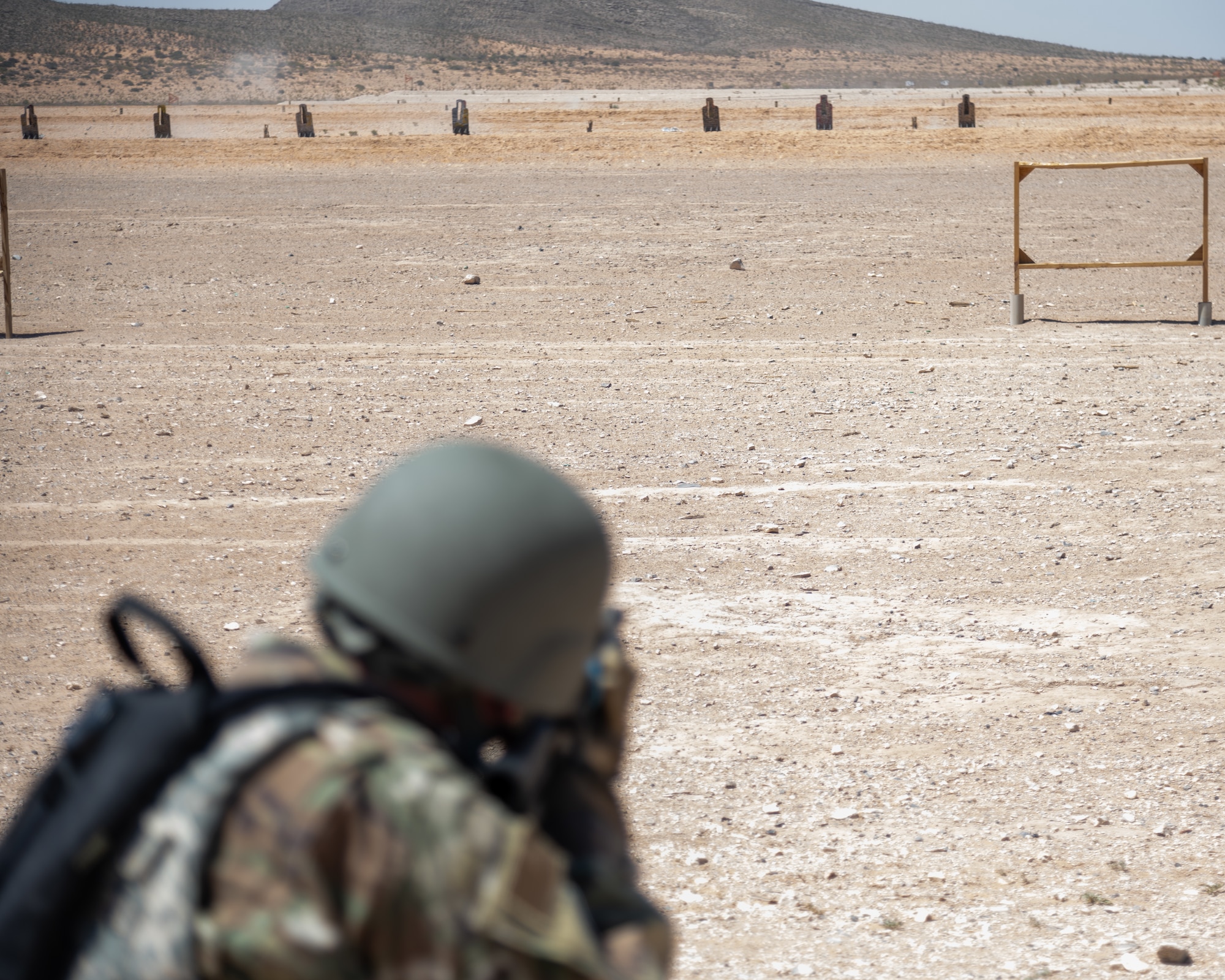 Airmen assigned to the 23d Air Task Force and 23d Combat Air Base Squadron receive live fire range training during an expeditionary skills exercise at Fort Bliss, Texas, June 9, 2025.