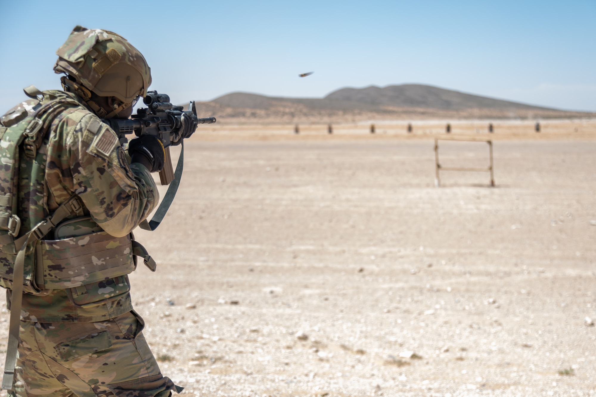 Airmen assigned to the 23d Air Task Force and 23d Combat Air Base Squadron receive live fire range training during an expeditionary skills exercise at Fort Bliss, Texas, June 9, 2025.