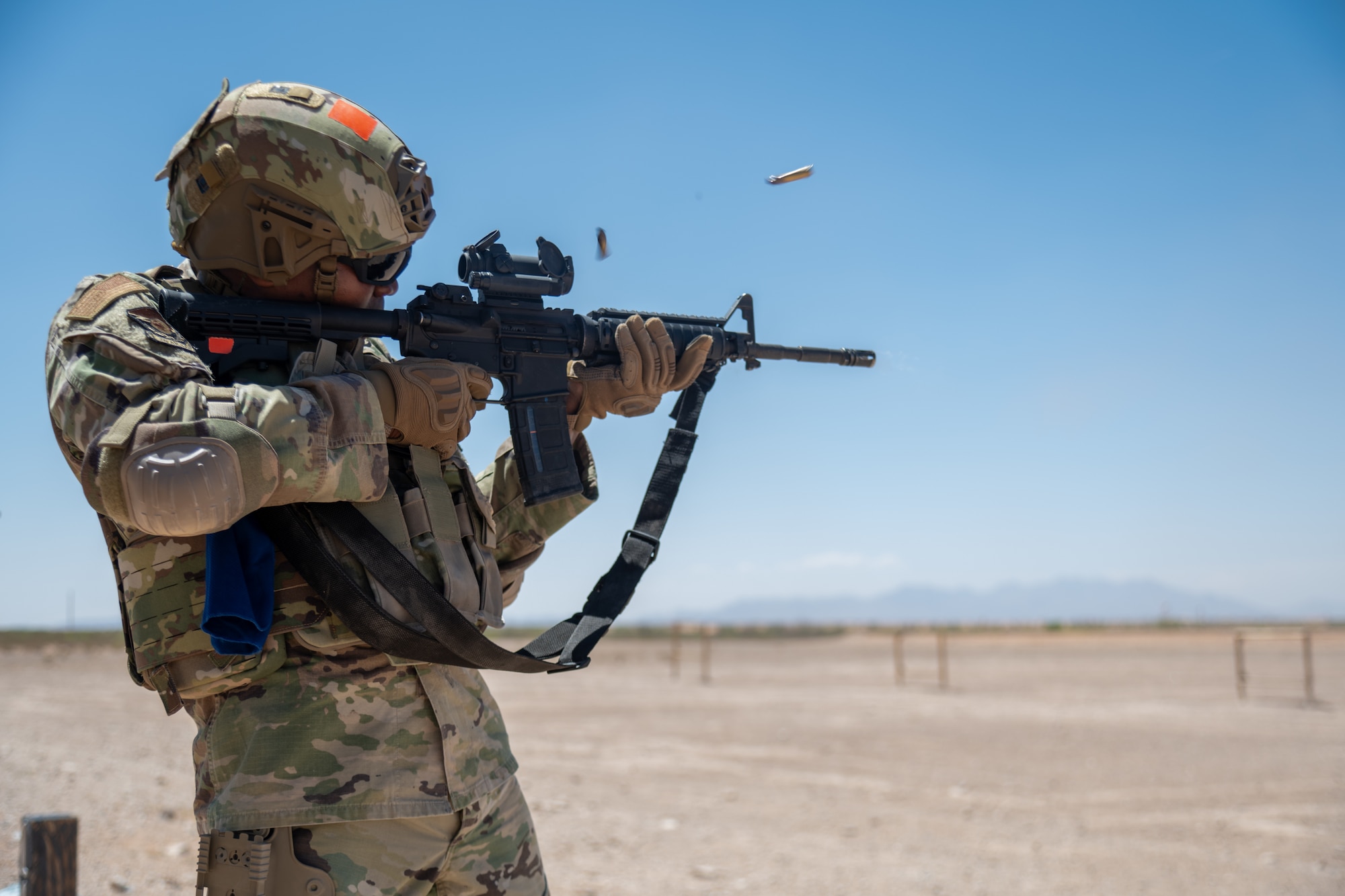 Airmen assigned to the 23d Air Task Force and 23d Combat Air Base Squadron receive live fire range training during an expeditionary skills exercise at Fort Bliss, Texas, June 9, 2025.