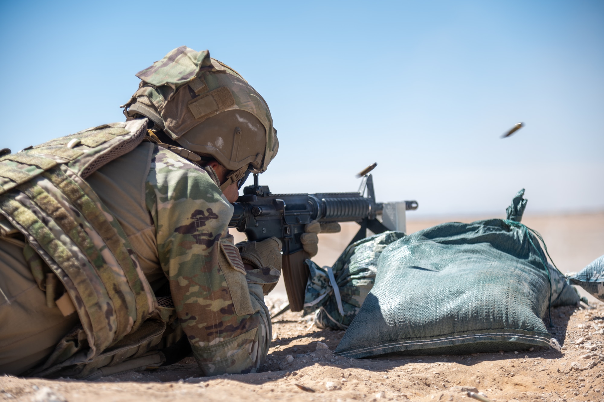Airmen assigned to the 23d Air Task Force and 23d Combat Air Base Squadron receive live fire range training during an expeditionary skills exercise at Fort Bliss, Texas, June 9, 2025.