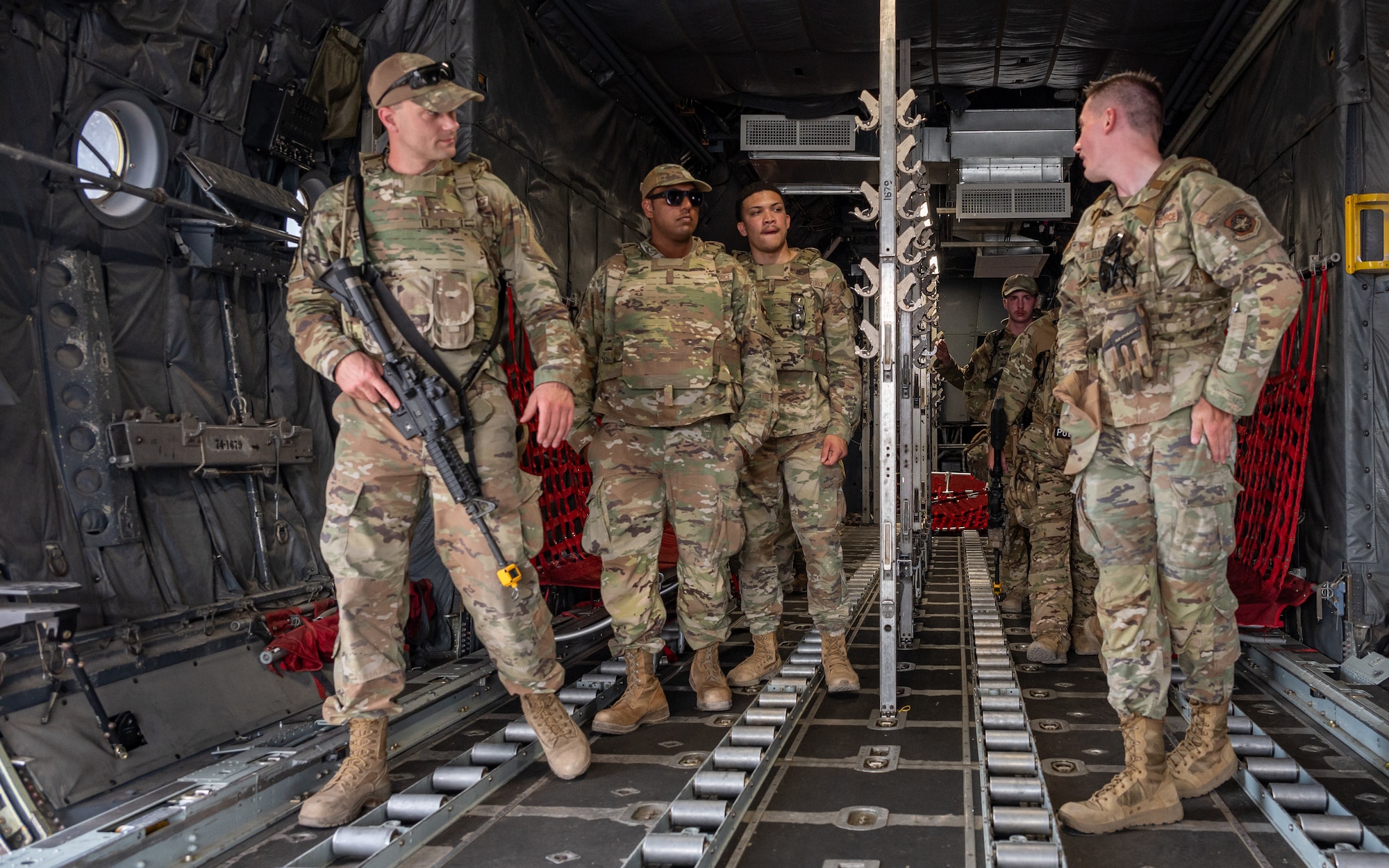 Airmen assigned to the 23d Combat Air Base Squadron demonstrate aircraft cargo loading and unloading procedures for fellow Airmen during an expeditionary skills exercise at Fort Bliss, Texas, June 10, 2025.