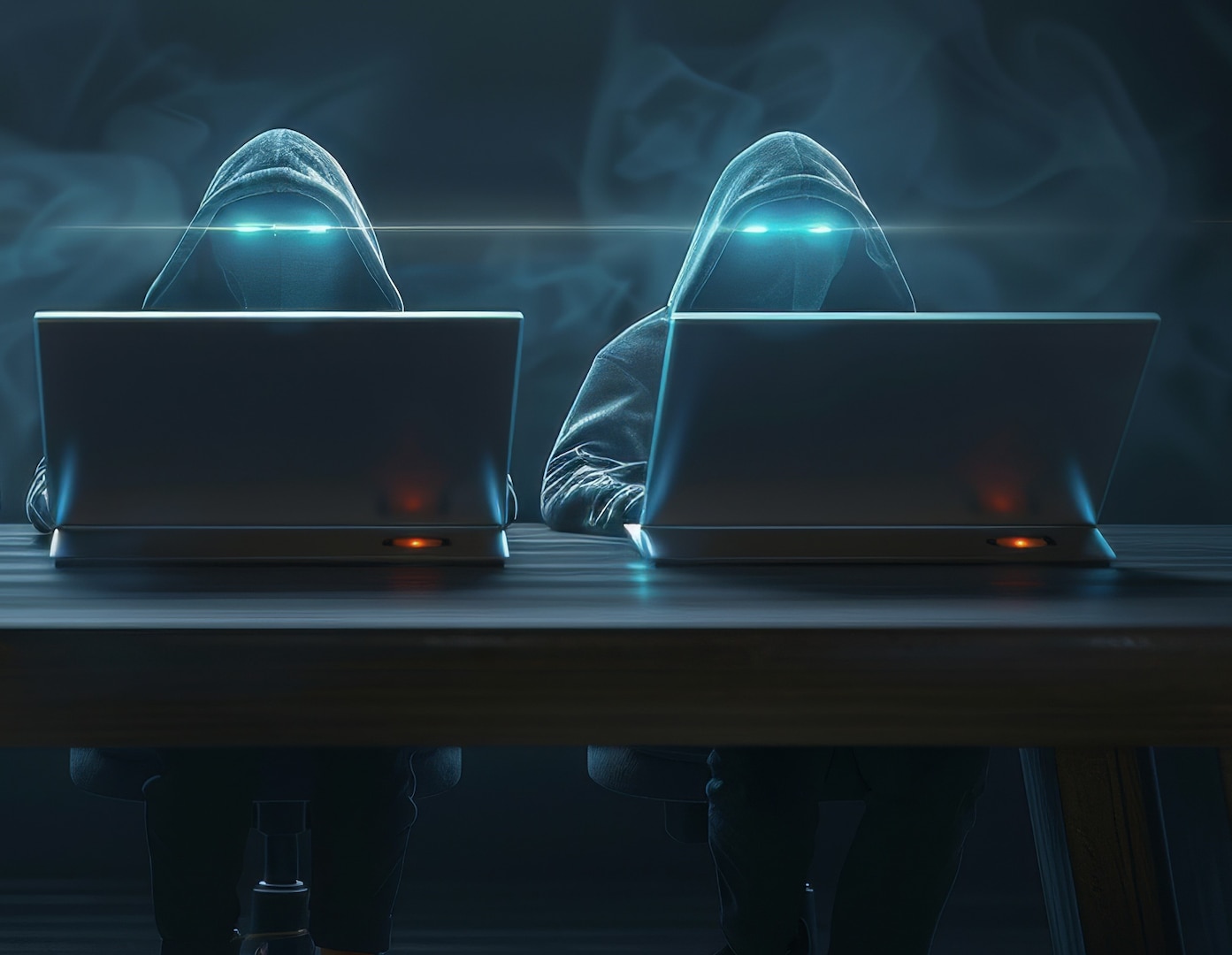 AI image of two hooded individuals sitting behind laptops.