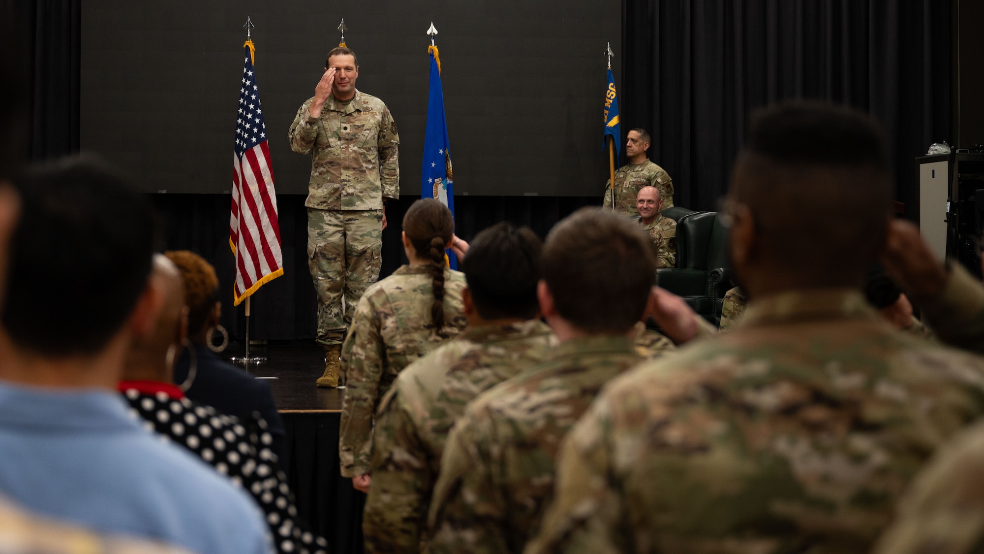 U.S. Air Force Lt. Col. Edmund Ward, incoming 51st Force Support Squadron commander, renders his first salute during a Change of Command ceremony at Osan Air Base, Republic of Korea, June 24, 2025. Prior to assuming command, Ward led over 130 military and civilian personnel whose primary mission is to enhance Total Force readiness and resiliency for the 6,000 Airmen and Guardians of Hickam Air Force Base, Hawaii. (U.S. Air Force photo by Senior Airman Rome Bowermaster)