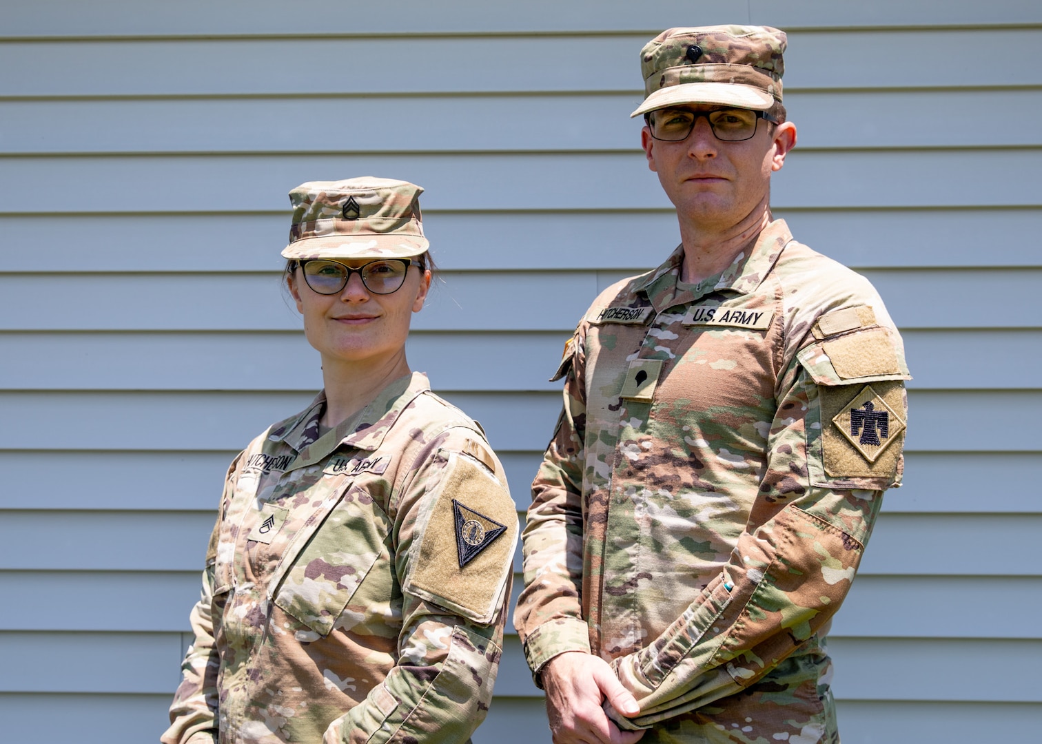 Staff Sgt. Diana Hutcherson, an information technology specialist with the Oklahoma Defensive Cyber Operations Element pose for a photo with her husband Spc. William Hutcherson, an electromagnetic warfare specialist, with the 45th Infantry Brigade Combat Team during exercise Cyber Shield 2025 in Virginia Beach, Virginia, June 2, 2025. Diana and William enlisted in the Oklahoma Army National Guard at different times, but they have both chosen careers aligning with information technology and cyber warfare. (U.S. Army photo by Staff Sgt. Jasmine McCarthy)