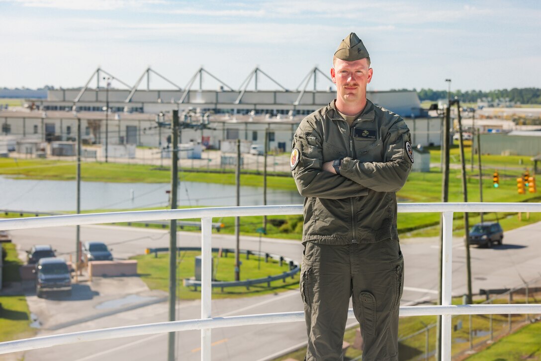 U.S. Marine Corps Cpl. Travis Brashear, bulk fuel specialist, Headquarters and Headquarters Squadron, poses for a photo on Marine Corps Air Station (MCAS) New River in Jacksonville, North Carolina, June 9, 2025. Brashear was awarded the MCAS New River Go-Getter award for the month of June. (U.S. Marine Corps photo by Lance Cpl. Alyssa J. DeCrane)