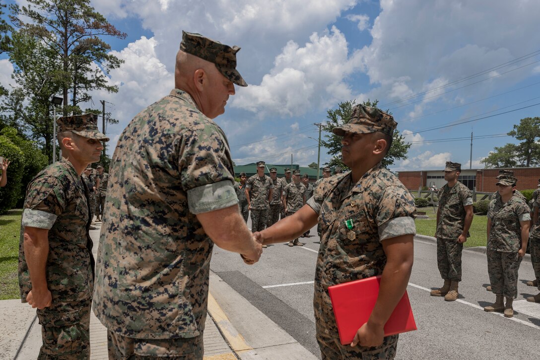 Stewart received the Navy and Marine Corps Commendation Medal for providing lifesaving immediate medical treatment and coordinating emergency medical care for a driver after a vehicle crash on Interstate 95 in Virginia on May 17, 2025. (U.S. Marine Corps photo by Lance Cpl. Bryan Giraldo)