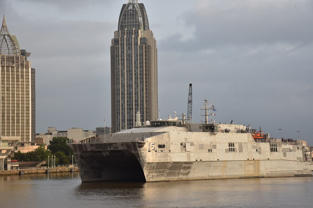 Mobile, Alabama (May 19, 2025) – Members of the shipbuilding team, from Program Executive Office, Ships; Supervisor of Shipbuilding Gulf Coast; Austal USA; and General Dynamics on board USNS Point Loma (T-EPF 15), the Navy’s second Flight II Expeditionary Fast Transport ship, before the at sea portion of acceptance trials at the Austal USA shipyard in Mobile, Alabama.