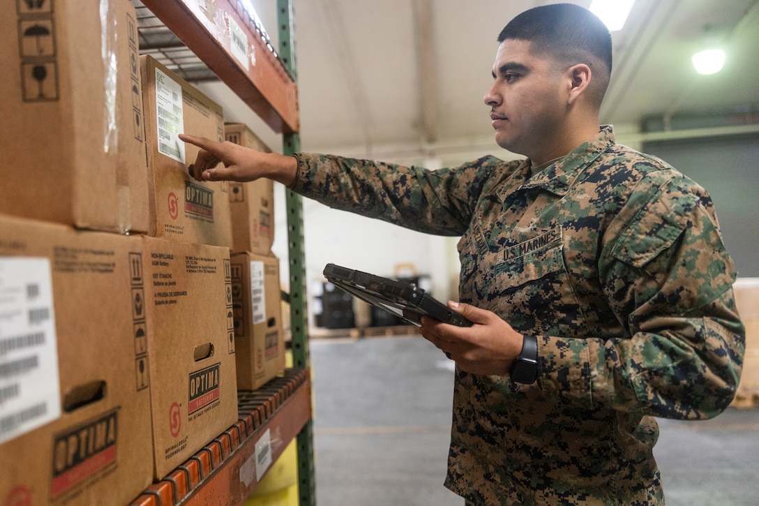 U.S. Marine Corps Lance Cpl. Leonardo Valadezayala, an inventory management specialist with 2nd Combat Readiness Regiment, 2nd Marine Logistics Group, and a native of Escondido, California, conducts a gear inventory on Camp Lejeune, North Carolina.