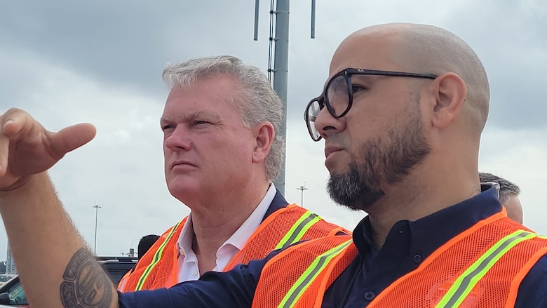 Kiomy Lamb-Mercado (right), Chief of the Caribbean District’s Civil Works Branch, briefs Congressman Mike Collins (R-Ga.) on current and upcoming Army Corps of Engineers projects in Puerto Rico.