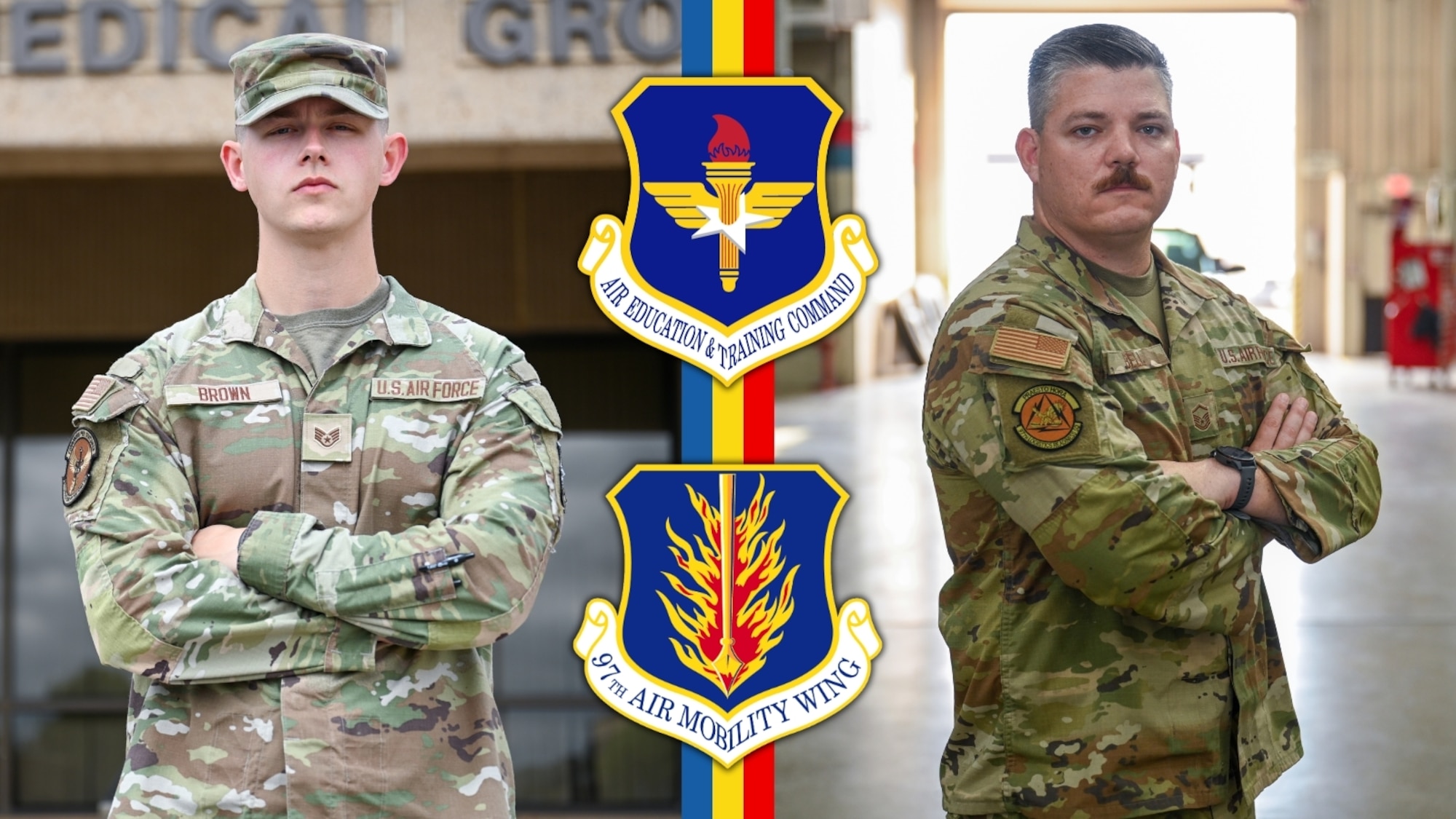U.S. Air Force Staff. Sgt. Jack Brown, 97th Healthcare Operations Squadron TRICARE operations and patient administration non-commissioned officer in charge (left), and Master Sgt. Aaron Bell, 97th Logistics Readiness Squadron vehicle fleet manager(right), are showcased in a photo illustration, Altus Air Force Base, Oklahoma. Brown and Bell were selected as the Airman of the Year and Non-Commissioned Officer of the Year for Air Education and Training Command. (U.S. Air Force photo illustration by Airman 1st Class Nathan Langston)