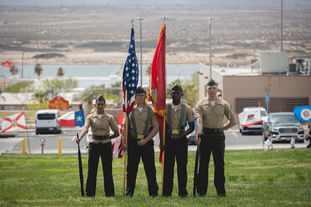 U.S. Marines with Headquarters Battalion, Marine Air-Ground Task Force Training Command, Marine Corps Air-Ground Combat Center, prepare for a retirement ceremony for U.S. Marine Corps Master Sgt. Sean Perry at MCAGCC, Twentynine Palms, California, March 28, 2025. The ceremony was held to recognize Perry’s 20 years of honorable service to the U.S. Marine Corps. (U.S. Marine Corps photo by Cpl. Iris Gantt)