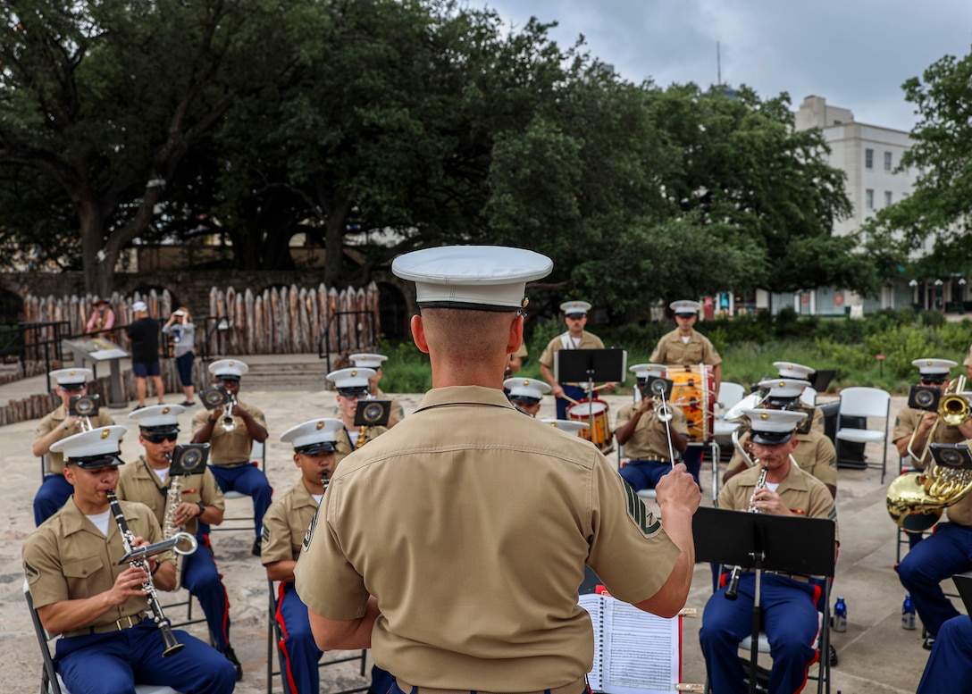 U.S. Marine Corps musicians from Marine Forces Reserve Band perform during Marine Day at the Alamo in San Antonio, Texas, April 30, 2025. Marine Day at the Alamo is part of a Marine Corps-Fiesta tradition and features a performance by the Marine Forces Reserve Band, as well as an opportunity for guests to view military equipment. (U.S. Marine Corps Photo by Sgt. Jacqueline Peguero-Montes)