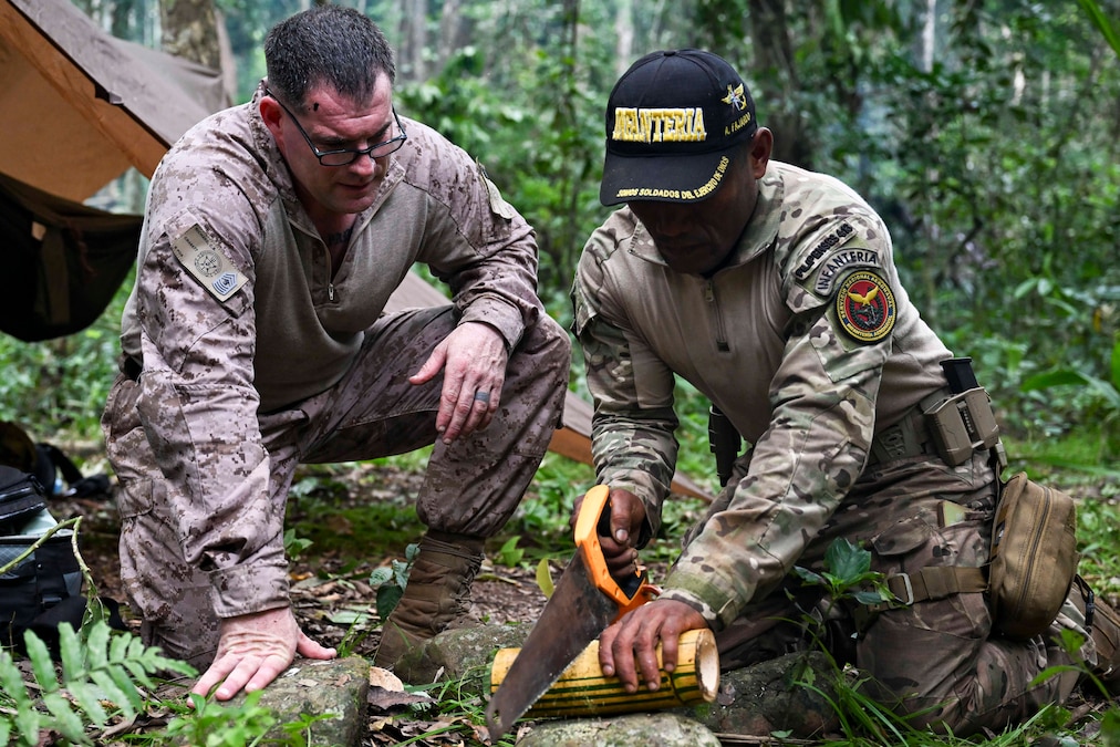 A Marine watches a troop using a saw to cut a piece of bamboo in a jungle.