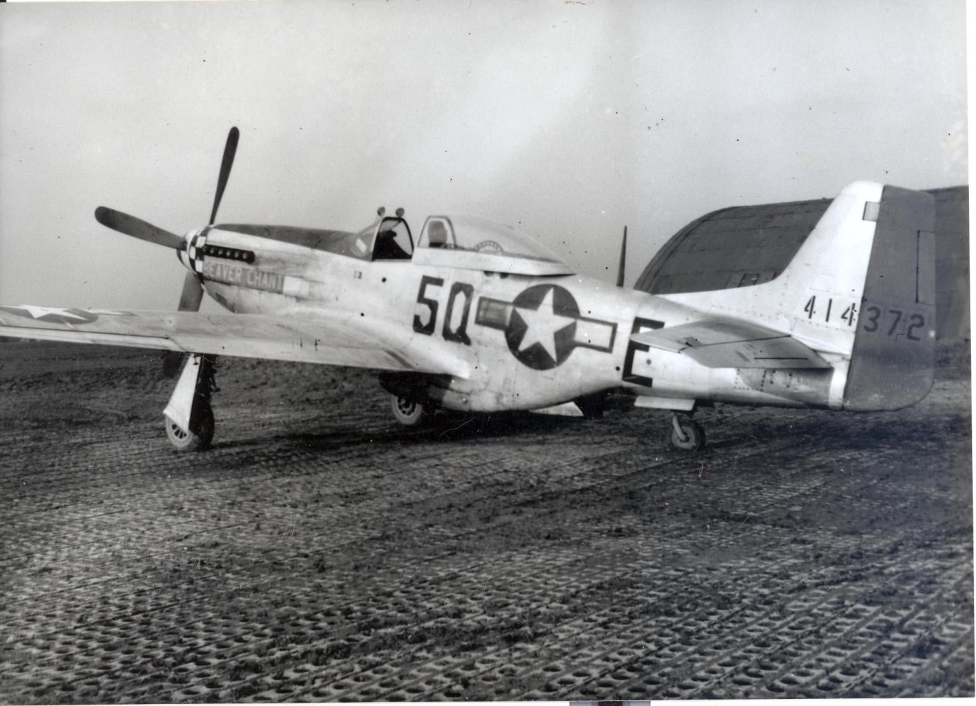 Lt. Dick Penrose named a P-51D Mustang he flew in the 504th Fighter Squadron during World War II, serial number 44-14372, squadron code 5Q+E, “Beaver Chant,” after his Oregon State University alma mater.  (Photo courtesy of Mr. Jack Cook)