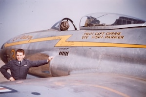 Capt. Currie stands by a 41st FIS F-80C Shooting Star he flew, serial number 49-711, squadron number 32, named “Lil Audrey. ”  The aircraft was later transferred to the 80th Fighter-Bomber Squadron and was reportedly lost in action near Suwon, South Korea in July of 1950. (Photo courtesy of Mr. Jack Cook)