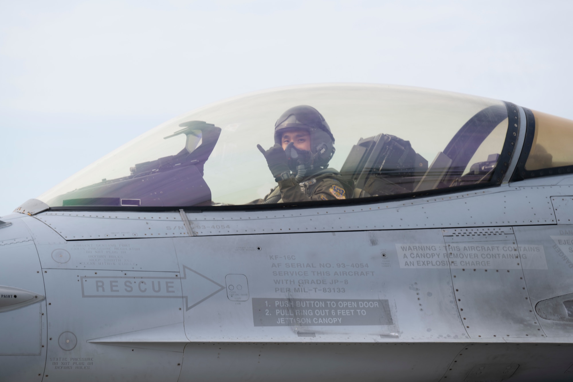 Republic of Korea Air Force Capt. Taek Geun Lim, KF-16 Fighting Falcon pilot, sends the 35th Fighter Squadron unit motto designation “Push It Up” during Red Flag-Alaska 25-2 at Eielson Air Force Base, Alaska, June 24, 2025.