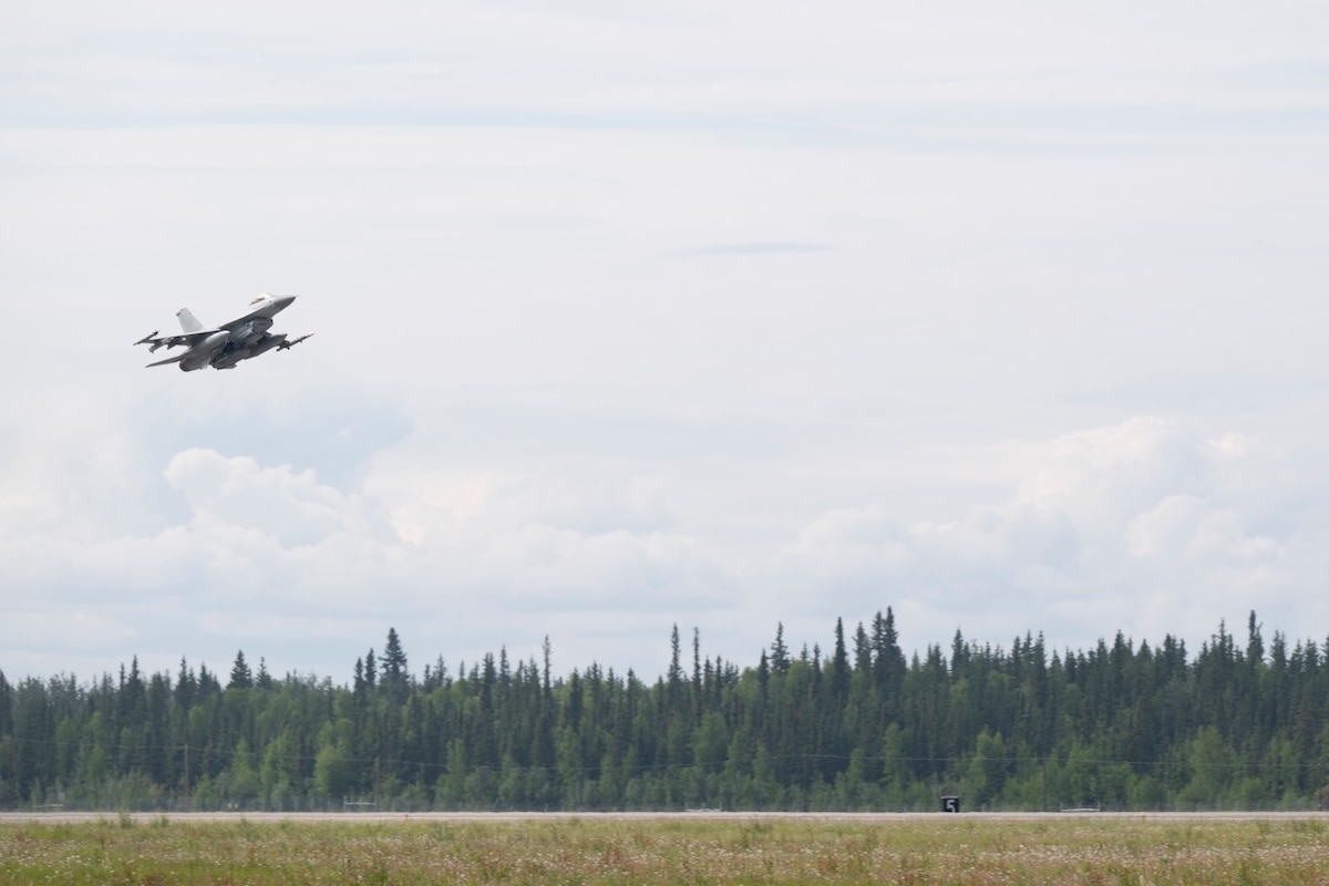 Republic of Korea Air Force Capt. Taek Geun Lim, KF-16 Fighting Falcon pilot, takes off during Red Flag-Alaska 25-2 at Eielson Air Force Base, Alaska, June 24, 2025.