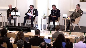 Lt. Gen. Thomas James, U.S. Space Command deputy commander, speaks on the “Annual Update on Military Partnerships” panel alongside Brig. Gen. Marcin Górka, Poland’s director of the Innovation Department, Ministry of National Defense, and Maj. Gen. Michael Traut, commander of German Space Command, at the Prague Security Studies Institute’s 8th Prague Space Security Conference in the Czech Republic.