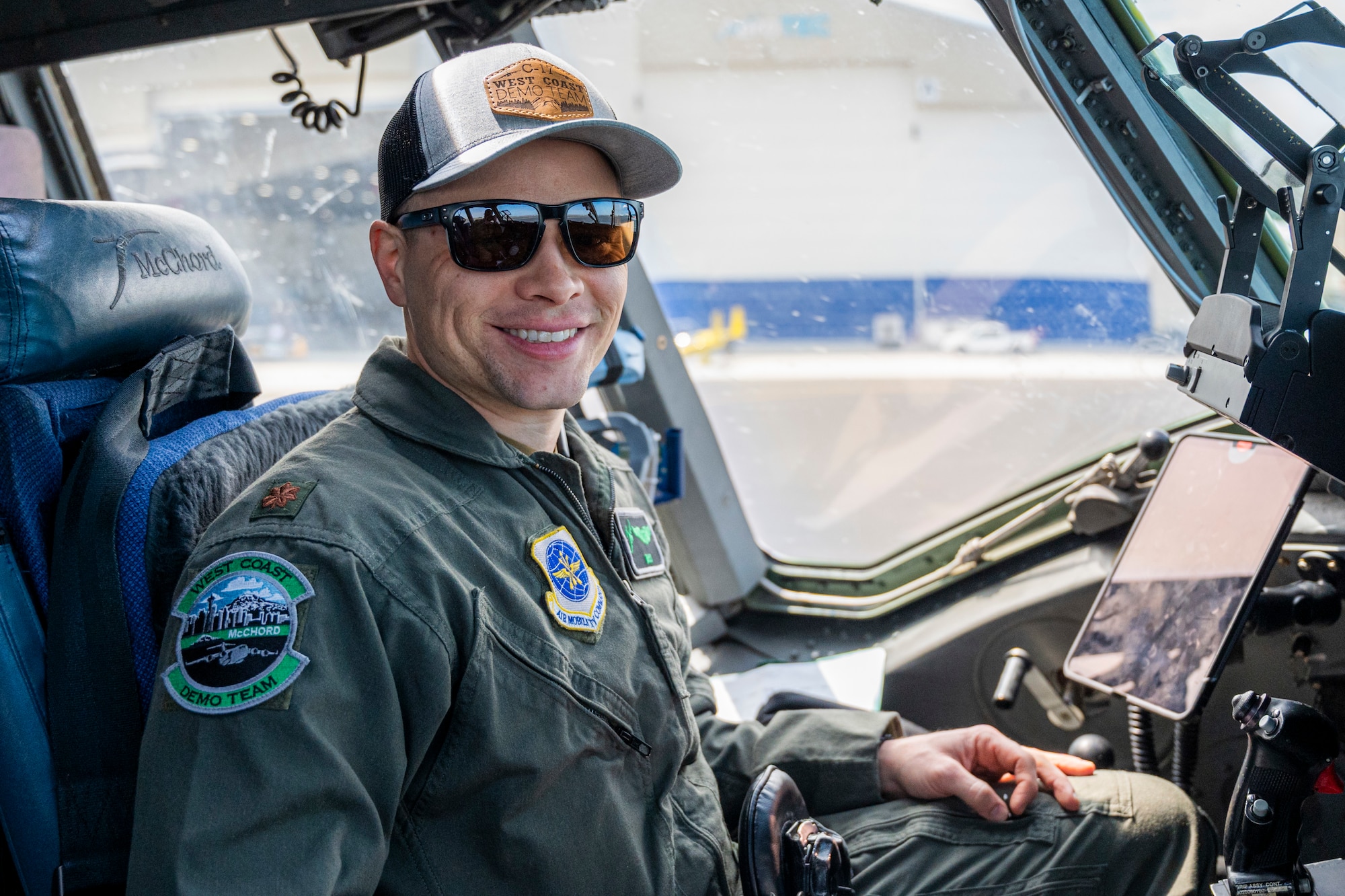 U.S. Air Force Maj. Ross Wiginton, C-17 West Coast Demonstration Team and 8th Airlift Squadron pilot, sits in the flightdeck of a C-17 Globemaster III during the 2025 Moses Lake Airshow at Grant County International Airport, Washington, June 19, 2025.