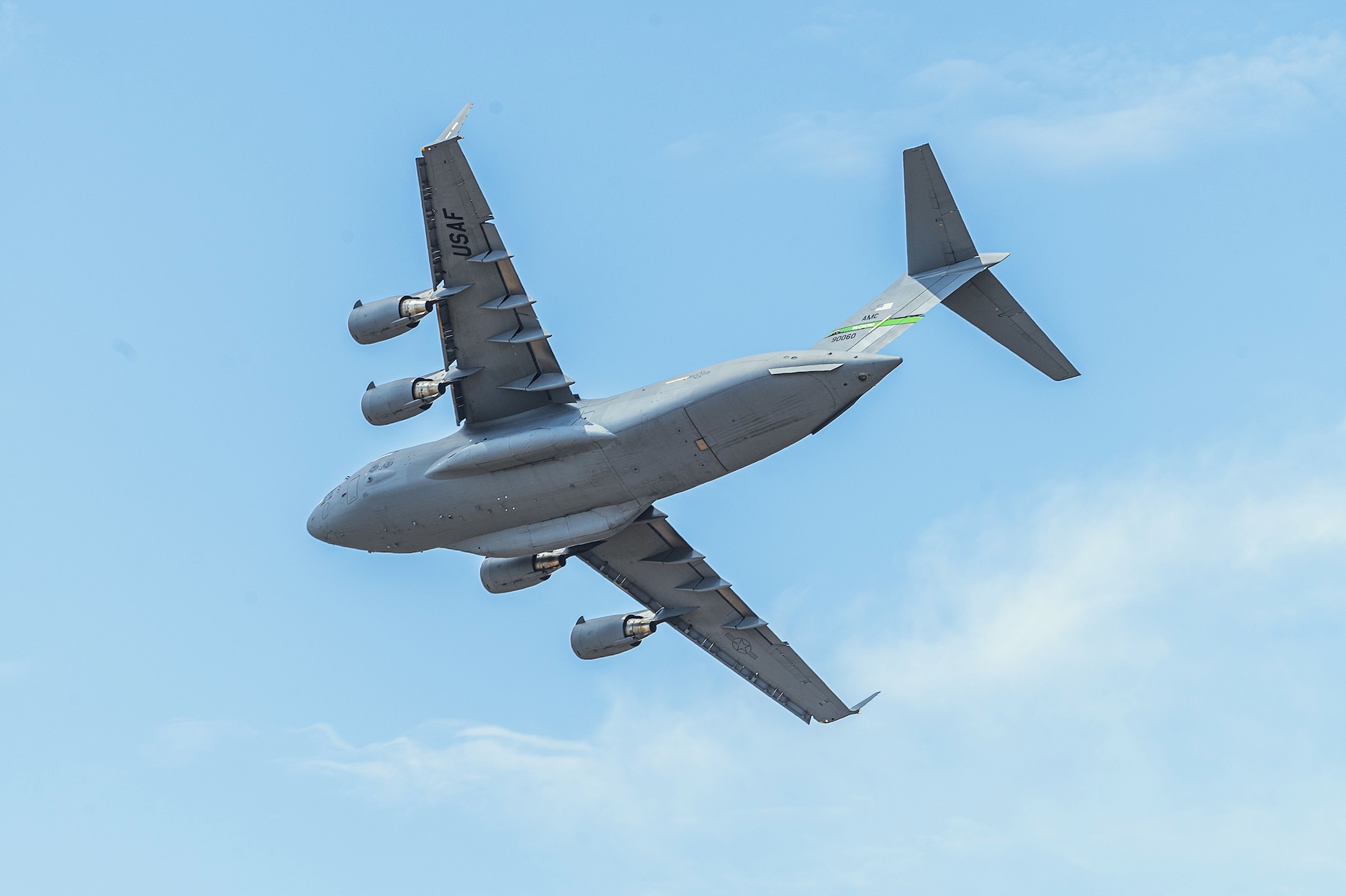 A C-17 Globemaster III performs aerial maneuvers during the 2025 Moses Lake Airshow at Grant County International Airport, Washington, June 20, 2025.