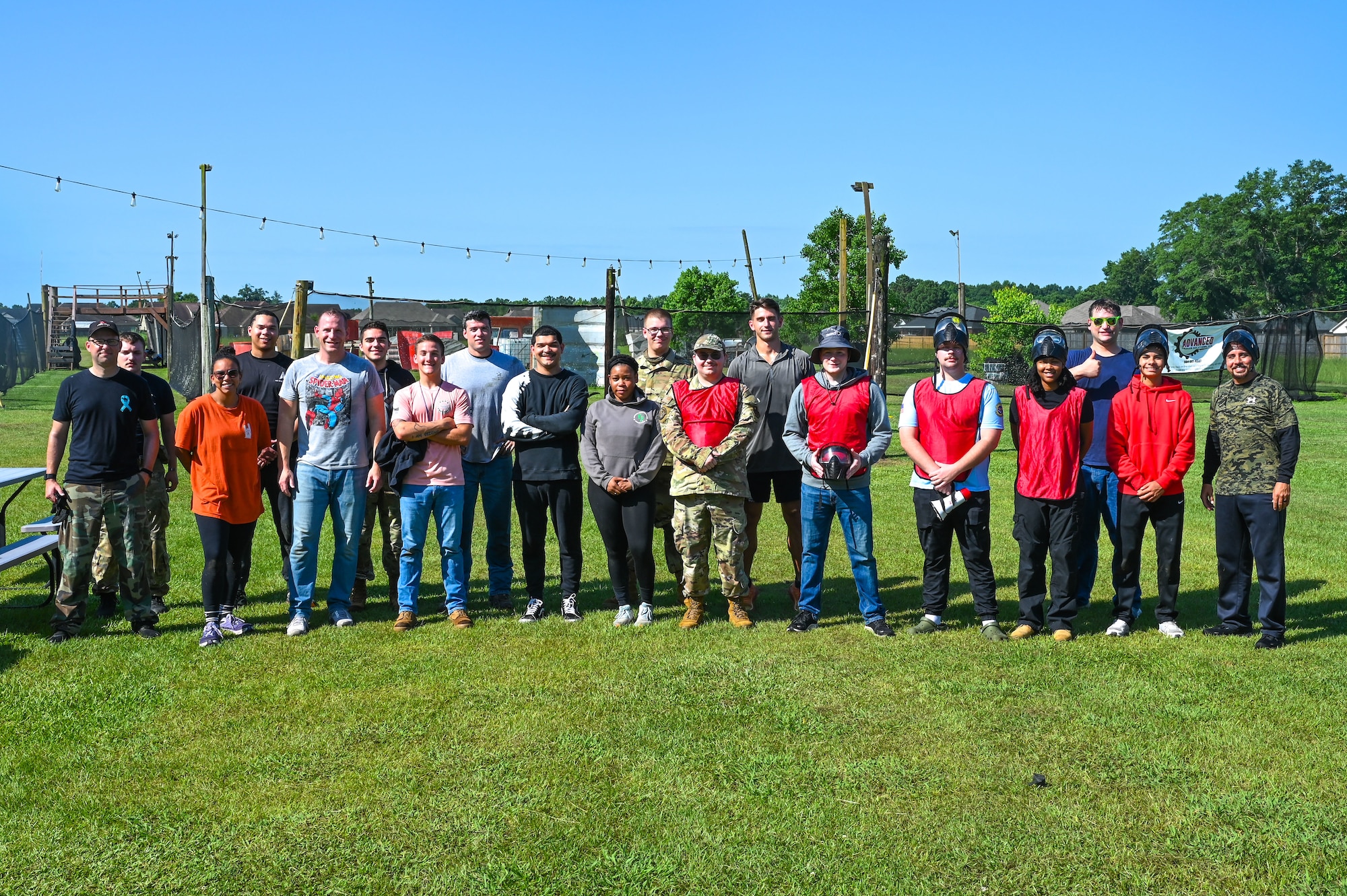 Airmen from the 42nd Contracting Squadron and 42nd Security Forces Squadron pose for a photo during a resiliency and readiness paintball exercise in Wetumpka, Alabama, June 20, 2025.