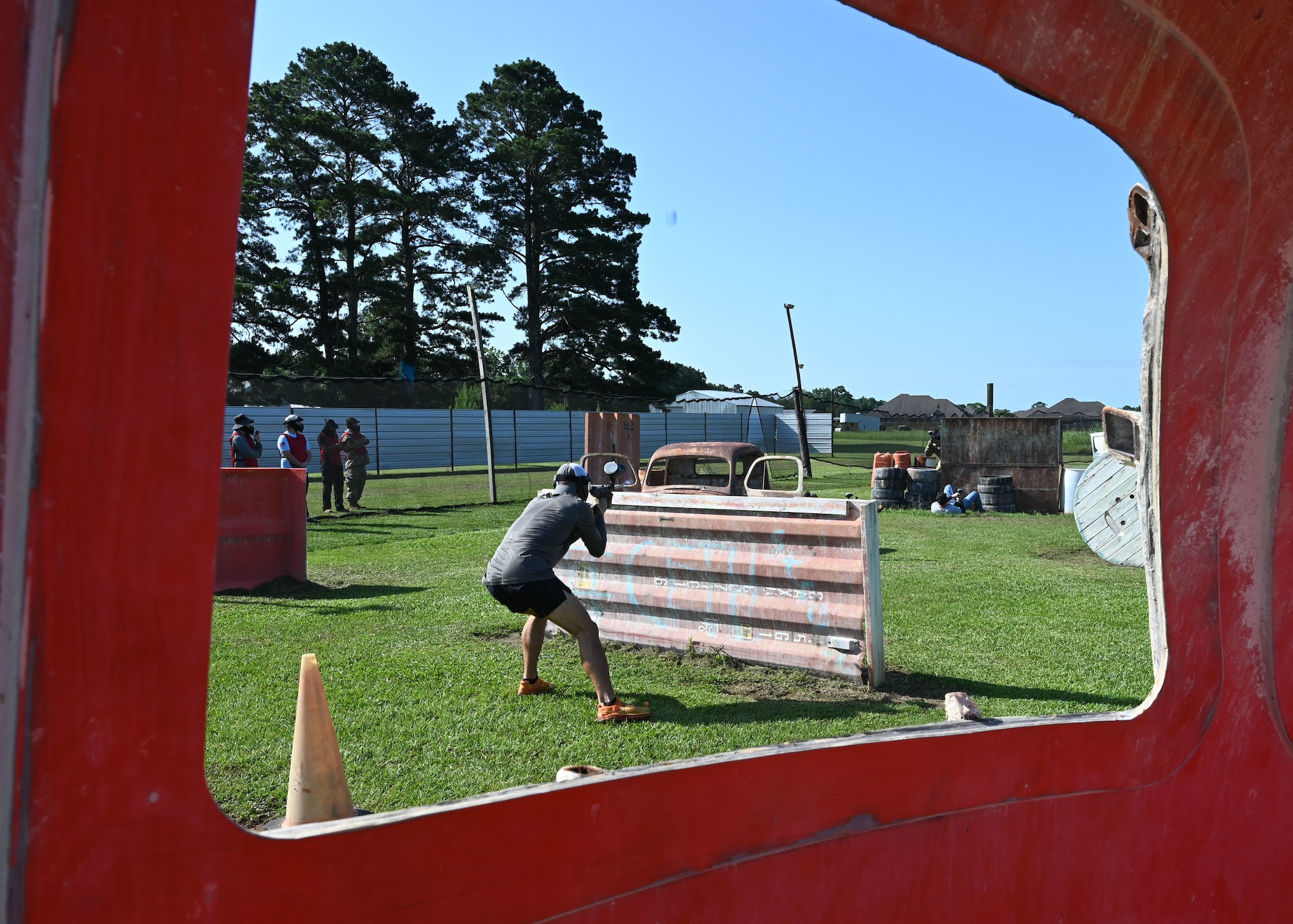 Airmen from the 42nd Contracting Squadron participate in a paintball game during a resiliency and readiness paintball exercise in Wetumpka, Alabama, June 20, 2025.